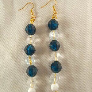 Blue & Crystal-Colored Beaded Earrings, Beautiful Beaded Dangle Earrings